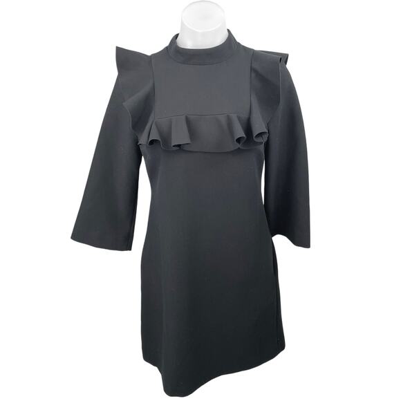 Banana Republic Black Ruffle Frill Mock Neck 3/4 Sleeve Mini Shift Dress Size 2 - Picture 4 of 8